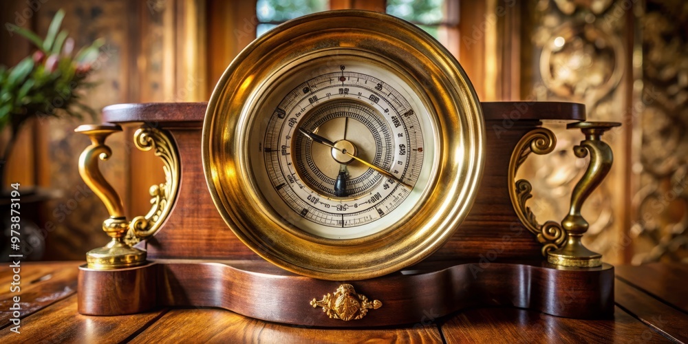 Antique brass aneroid barometer with intricate engravings and precision dials, measuring atmospheric pressure, rests on Antique brass aneroid barometer with intricate engravings and precision dials, measuring atmospheric pressure, rests on