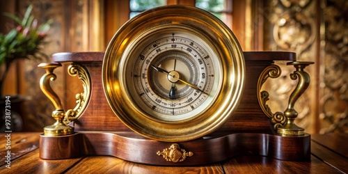 Antique brass aneroid barometer with intricate engravings and precision dials, measuring atmospheric pressure, rests on photo