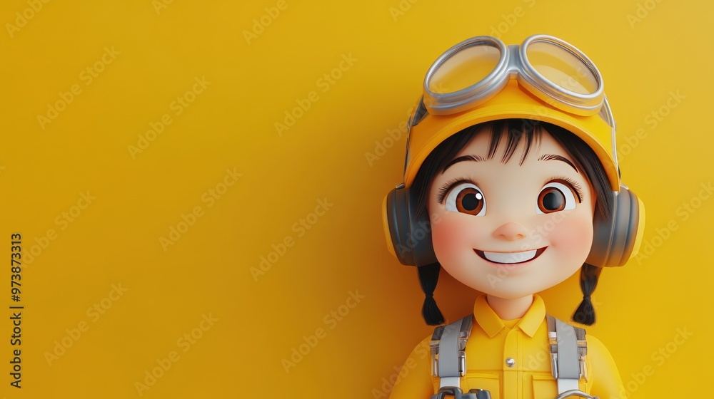 A cheerful animated character in yellow attire with goggles, smiling against a bright background. A cheerful animated character in yellow attire with goggles, smiling against a bright background.