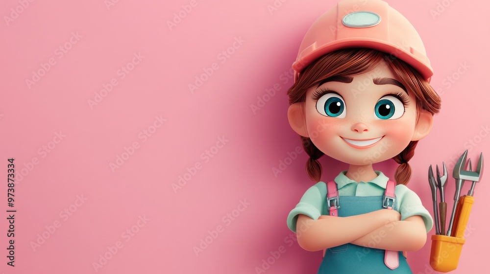 A cheerful cartoon girl in a pink hat, holding tools, ready for a DIY project. A cheerful cartoon girl in a pink hat, holding tools, ready for a DIY project.