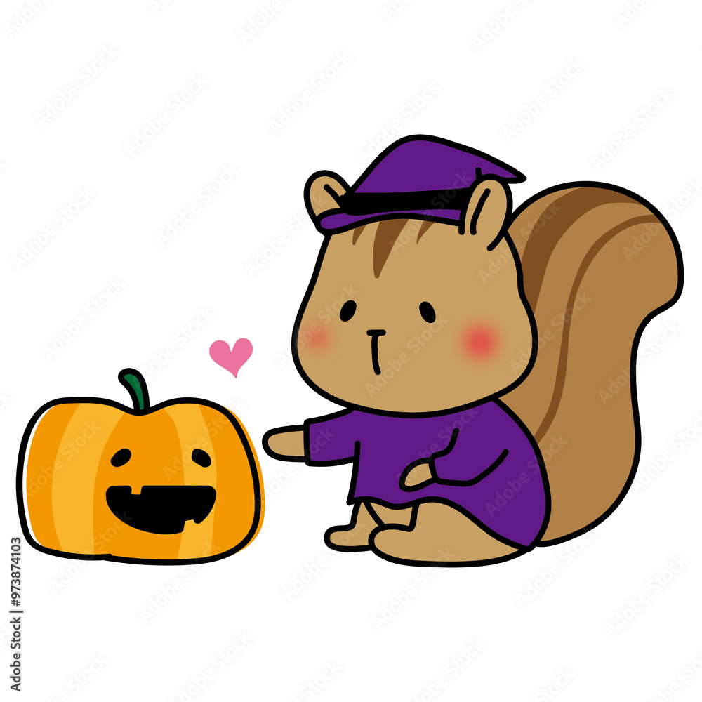 Obraz premium ハロウィンでジャック・オー・ランタンに触る魔女の仮装をしたリス