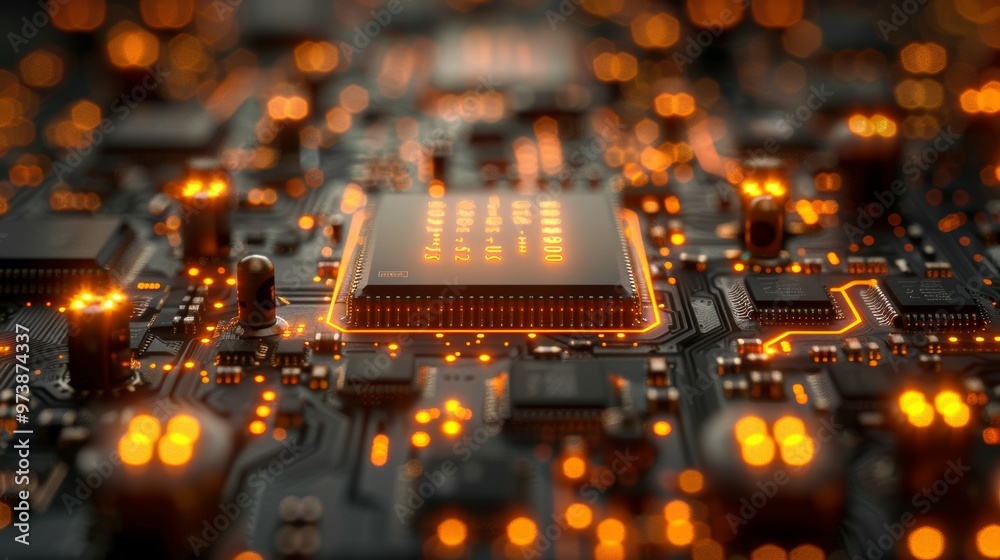 High-Tech Futuristic Background with Glowing Circuit Board and Microchip Elements in a Modern Digital Landscape High-Tech Futuristic Background with Glowing Circuit Board and Microchip Elements in a Modern Digital Landscape
