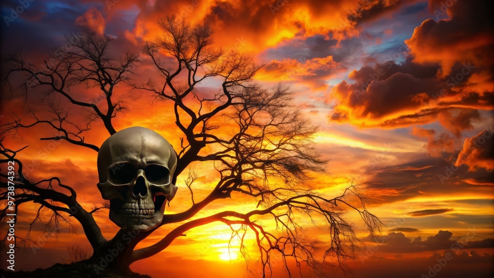 Fototapeta premium A ominous black skull silhouette stands against a vibrant orange and pink sunset, surrounded by twisted tree branches,