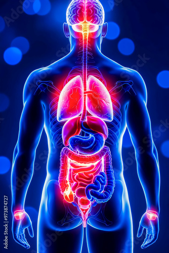 Digital Abstract human anatomy with glowing organs showing brain, heart, liver and intestines on a dark neon blue background and bokeh.