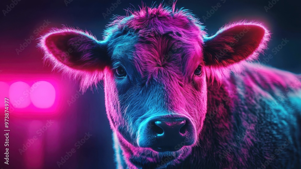 Cow in Synthwave style, with neon colors and retro-futuristic elements creating a vibrant and nostalgic mood. Cow in Synthwave style, with neon colors and retro-futuristic elements creating a vibrant and nostalgic mood.