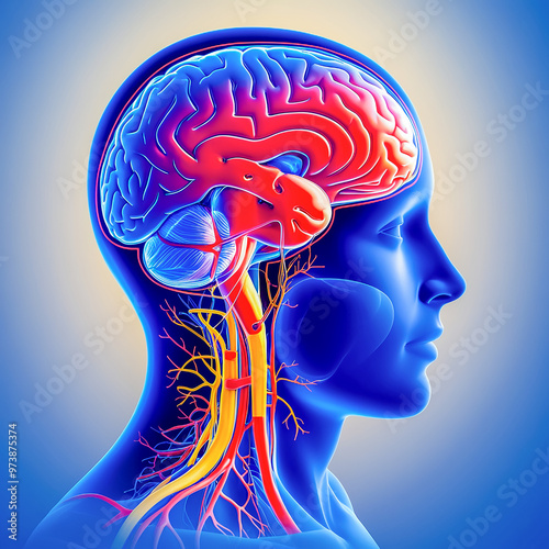 Illustration of human brain structure and nerve cells. Neuroscience concept. Human anatomy. Medical technology.