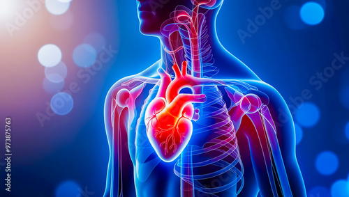 IIllustration Abstract Human structure and glowing human heart on blue background and bokeh. Medical science concept. Anatomy