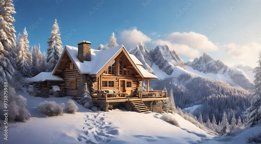 A cozy winter cabin nestled in snowy forest mountains under a clear sky A cozy winter cabin nestled in snowy forest mountains under a clear sky