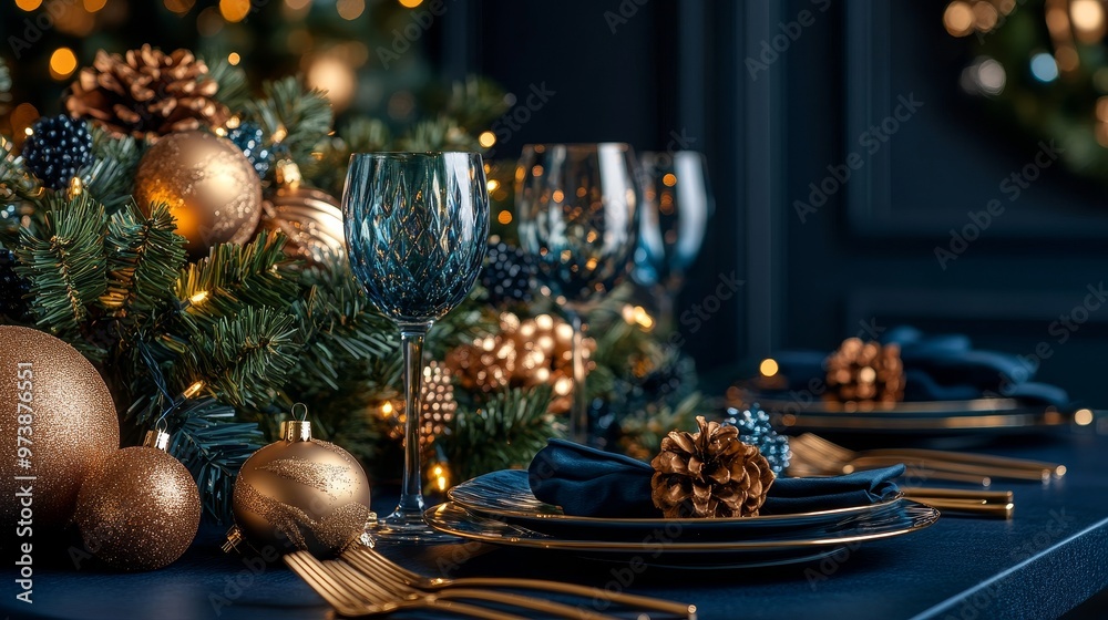 Sophisticated Christmas decorations in rich chocolate tones with gold accents, set against a deep blue backdrop, exuding class and seasonal warmth Sophisticated Christmas decorations in rich chocolate tones with gold accents, set against a deep blue backdrop, exuding class and seasonal warmth