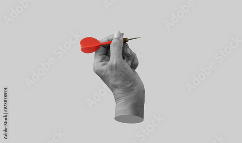 Hand holding a dart aiming at the target. Art collage digital pop modern art.