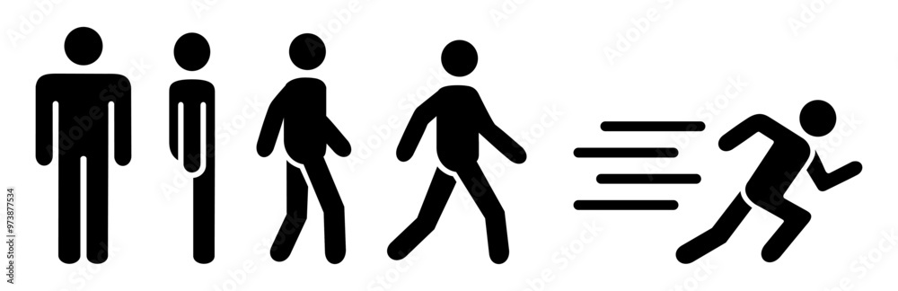 Running and walking people icons. Man silhouette stands, walk and run ...