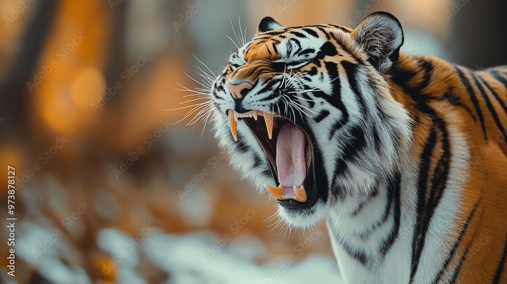 Fototapeta premium A powerful close-up of a roaring tiger showing its sharp teeth and fierce expression, captured in its natural habitat with a blurred autumnal forest in the background