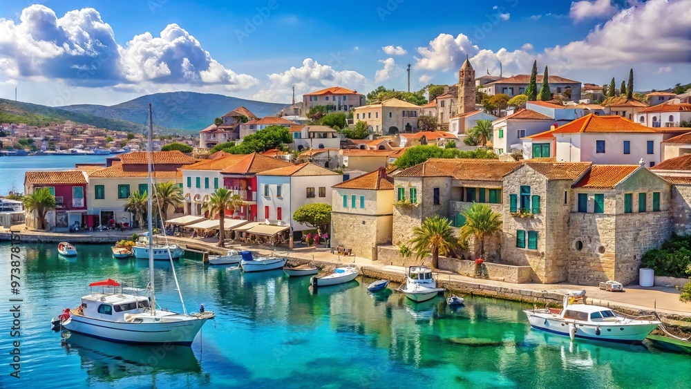 Fototapeta premium A picturesque seaside townscape of Cesme, Turkey, with whitewashed buildings, narrow cobblestone streets, and sailboats