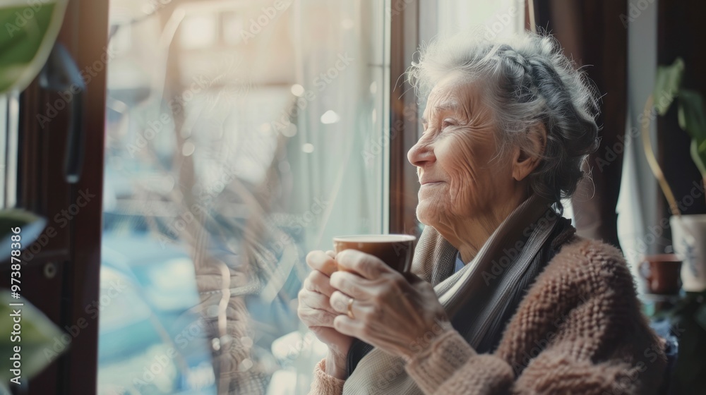 photograph of Happy senior woman drinking coffee looking out window at home, enjoying domestic rest, standing with cup in hands, looking aside and smiling photograph of Happy senior woman drinking coffee looking out window at home, enjoying domestic rest, standing with cup in hands, looking aside and smiling