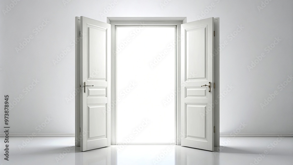 Forced perspective white open double door with a white background Forced perspective white open double door with a white background