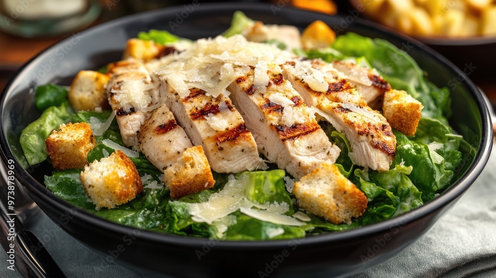 Grilled chicken Caesar salad topped with Parmesan and croutons Grilled chicken Caesar salad topped with Parmesan and croutons