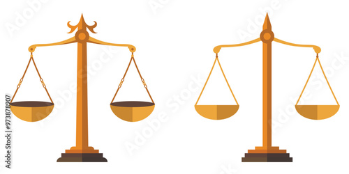 Two golden scales of justice isolated on white background.
