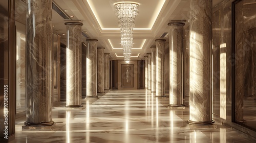 Polished marble hallway in a luxurious hotel with ornate chandelier. photo