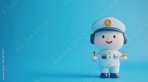 A cute cartoon character dressed as a police officer, smiling and holding a key and a badge.