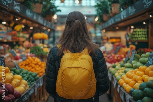 A person wearing a yellow backpack while browsing through a vibrant market aisle filled with fresh fruits and vegetables, highlighting a casual shopping experience with a colorful backdrop