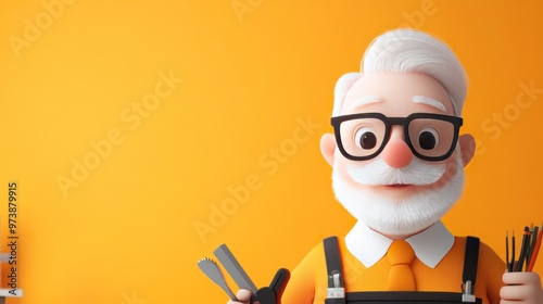 A cheerful elderly man with tools against an orange background, symbolizing creativity and craftsmanship.