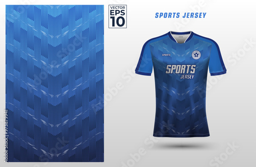 Blue t-shirt sport design template with geometric line and halftone pattern for soccer jersey. Sport uniform in front view. Tshirt mockup for sport club. Vector Illustration