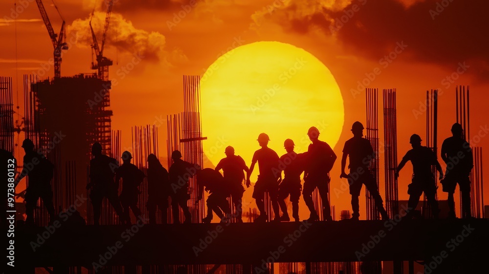 Fototapeta premium Construction Workers Silhouette at Sunset