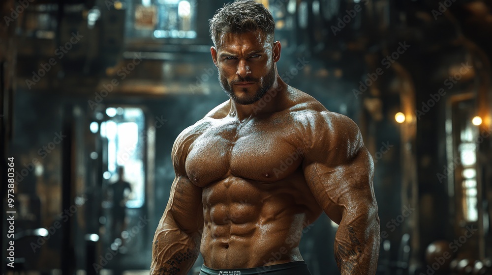 A muscular man posing in a gym setting, showcasing strength and fitness. A muscular man posing in a gym setting, showcasing strength and fitness.