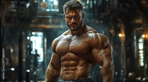 A muscular man posing in a gym setting, showcasing strength and fitness.