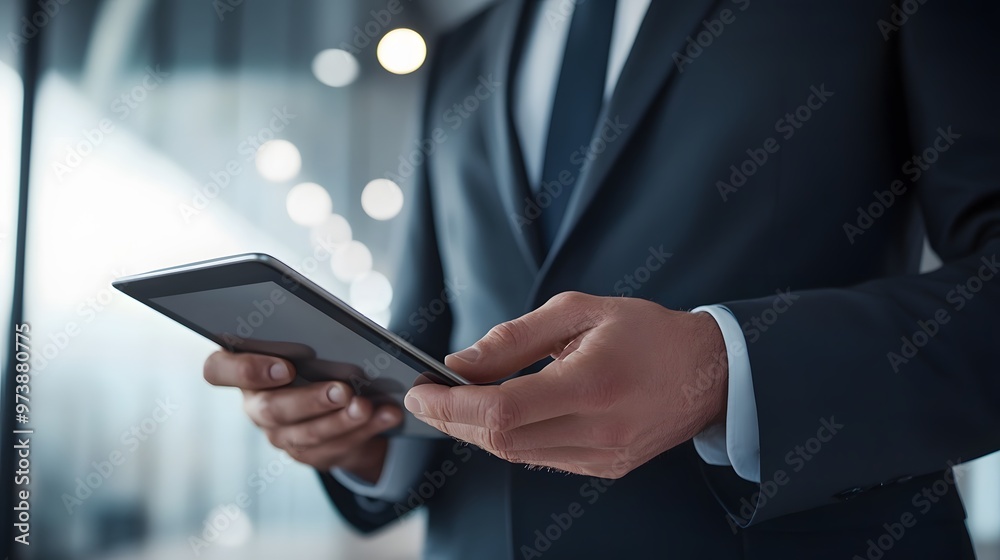 Close-up of a Businessman's Hands Holding a Tablet