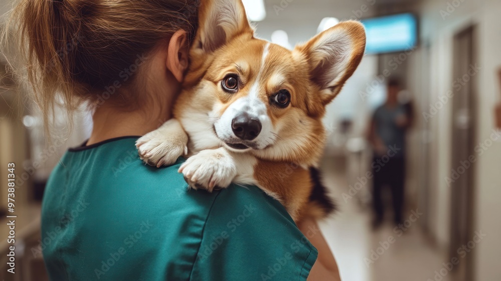 photograph of Woman carrying sad Pembroke Welsh Corgi dog, standing in vet hospital, lady holding her puppy and visiting clinic for regular checkup photograph of Woman carrying sad Pembroke Welsh Corgi dog, standing in vet hospital, lady holding her puppy and visiting clinic for regular checkup