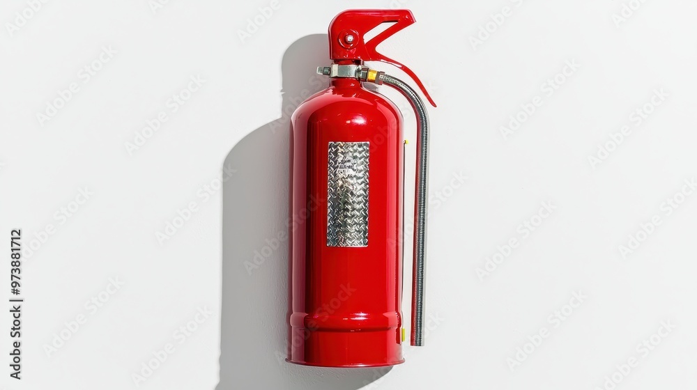 Obraz premium Red Fire Extinguisher on White Wall with Shadow