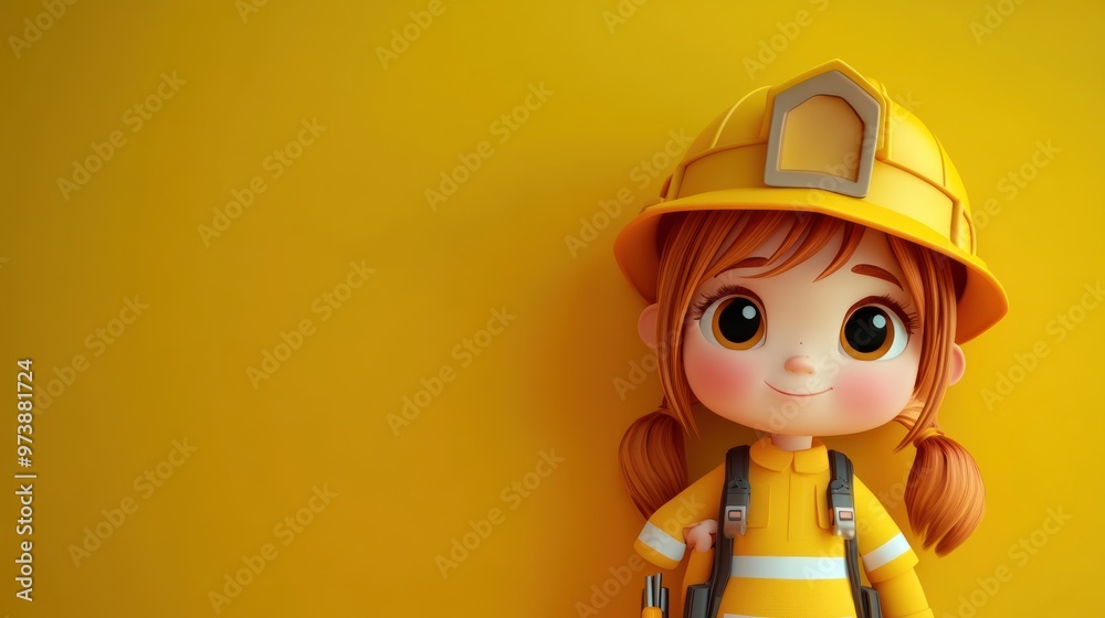 A cheerful cartoon girl in a yellow firefighter outfit and helmet against a bright background. A cheerful cartoon girl in a yellow firefighter outfit and helmet against a bright background.