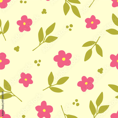 Wallpaper Mural Simple floral vector seamless pattern. Small pink flowers, green leaves on a yellow background. For fabric prints, textile products, summer clothes. Torontodigital.ca