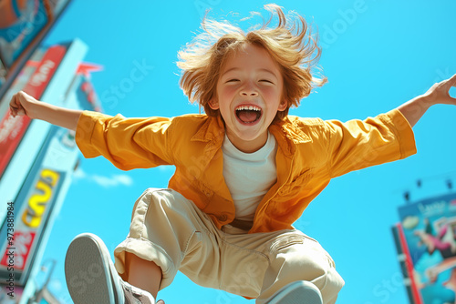 Joyful child jumping in a city street under a clear blue sky during a sunny day photo