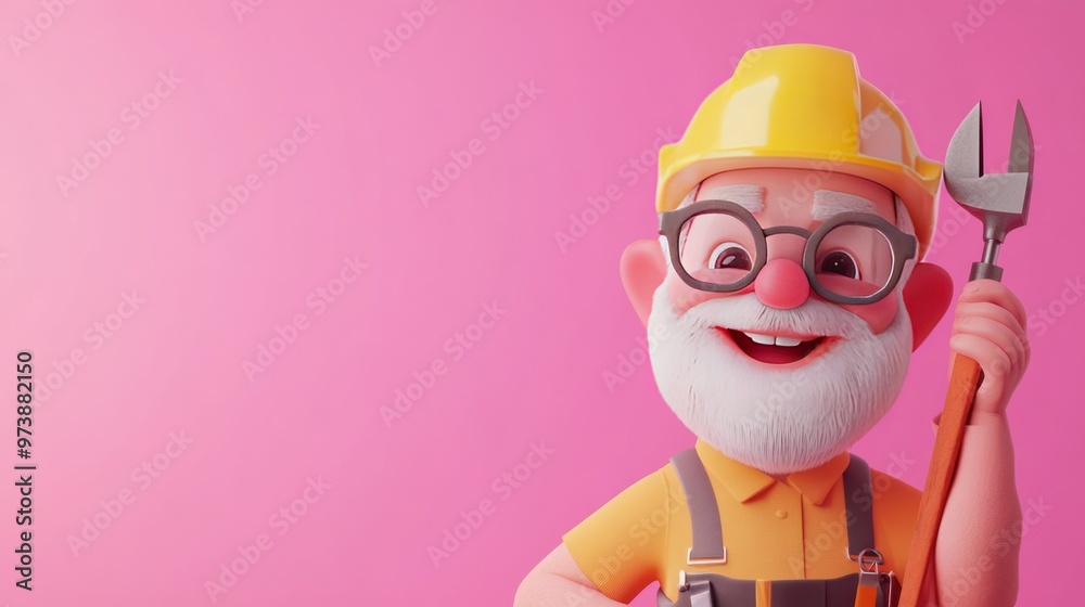 A cheerful cartoon character in a hard hat holding a wrench against a pink background. A cheerful cartoon character in a hard hat holding a wrench against a pink background.