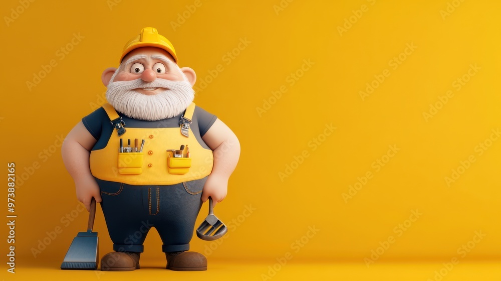 A cheerful cartoon construction worker with tools on a bright yellow background. A cheerful cartoon construction worker with tools on a bright yellow background.