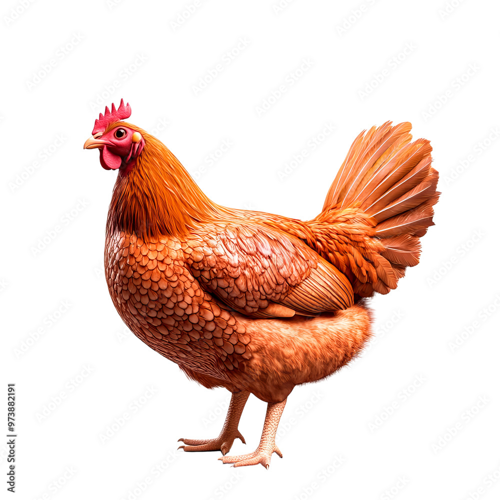 Fototapeta premium A vibrant orange chicken stands majestically, showcasing its beautiful plumage and lively character in a farm setting.