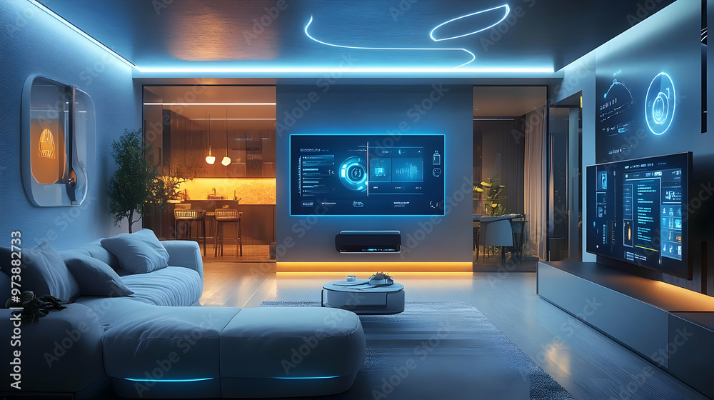 Futuristic Living Room Interior Design with Smart Home Technology 3D Illustration Futuristic Living Room Interior Design with Smart Home Technology 3D Illustration
