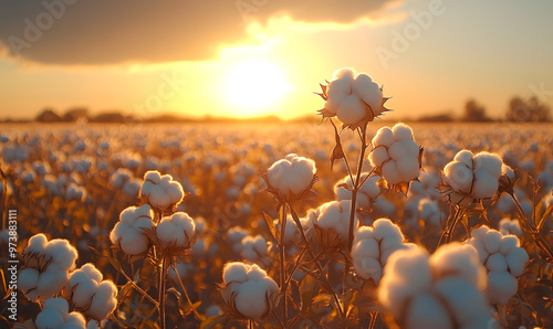 “A Field of Cotton Bolls in the Sunset, Capturing a Warm and Inviting Atmosphere with Golden Light, Emphasizing the Beauty and Tranquility of Nature at Dusk, Perfect for Illustrating Rural Landscapes 