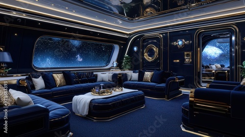 Fototapeta Naklejka Na Ścianę i Meble -  Luxury Spacecraft Interior Design with Blue and Gold Accents