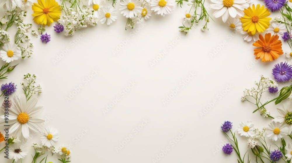 White Background with Colorful Flowers Frame White Background with Colorful Flowers Frame