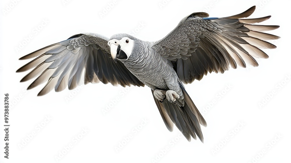 Grey Parrot Flying with Wings Spread Isolated on White Background Grey Parrot Flying with Wings Spread Isolated on White Background