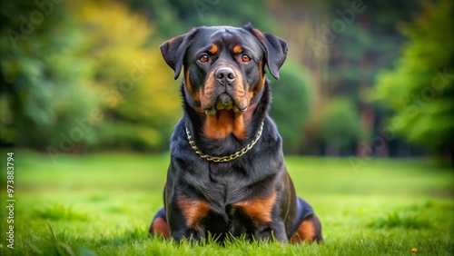 A powerful, muscular Rottweiler dog with a shiny black coat and piercing brown eyes sits calmly on a