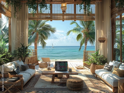 A laptop with stock market charts on the screen, in a luxury beach house by the sea, with a blue sky and white clouds, palm trees, and a beautiful tropical landscape, sunbeds, and palm leaves. The ima photo