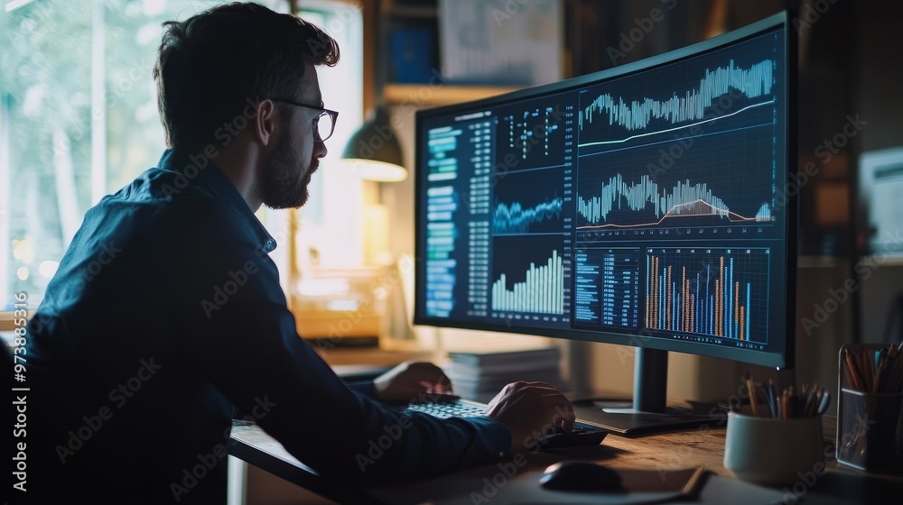 Strategic Financial Presentation: Business Strategist Analyzing Charts and Graphs on Large Monitor with Soft Natural Lighting Strategic Financial Presentation: Business Strategist Analyzing Charts and Graphs on Large Monitor with Soft Natural Lighting