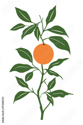 A single orange hangs from a branch with green leaves.