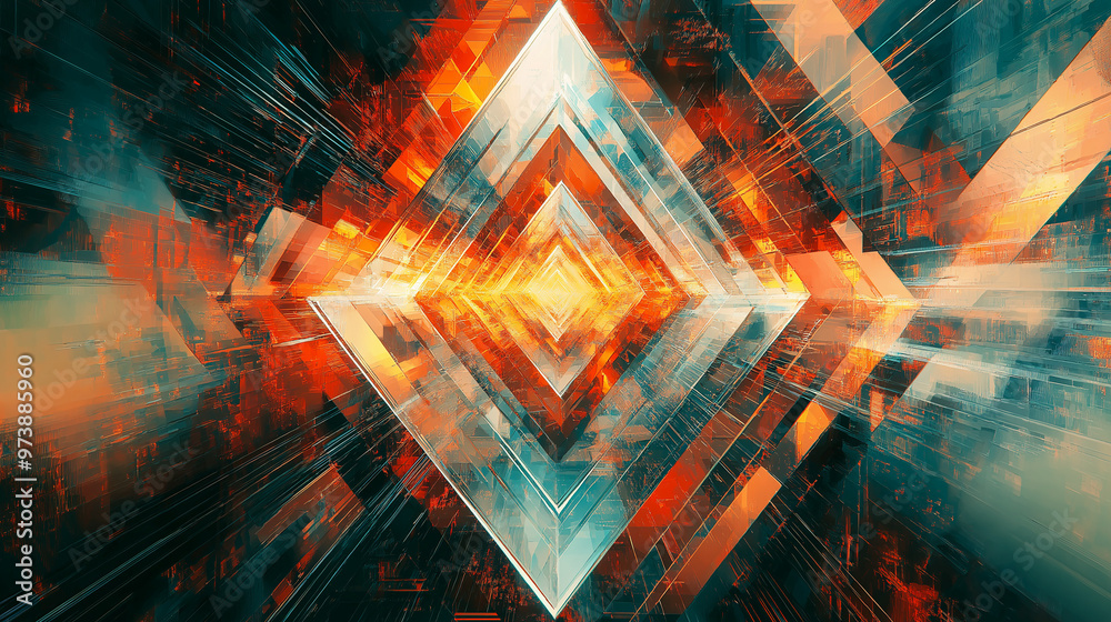 A digital art piece featuring a series of overlapping holographic rings and triangles, creating a sense of movement and fluidity A digital art piece featuring a series of overlapping holographic rings and triangles, creating a sense of movement and fluidity