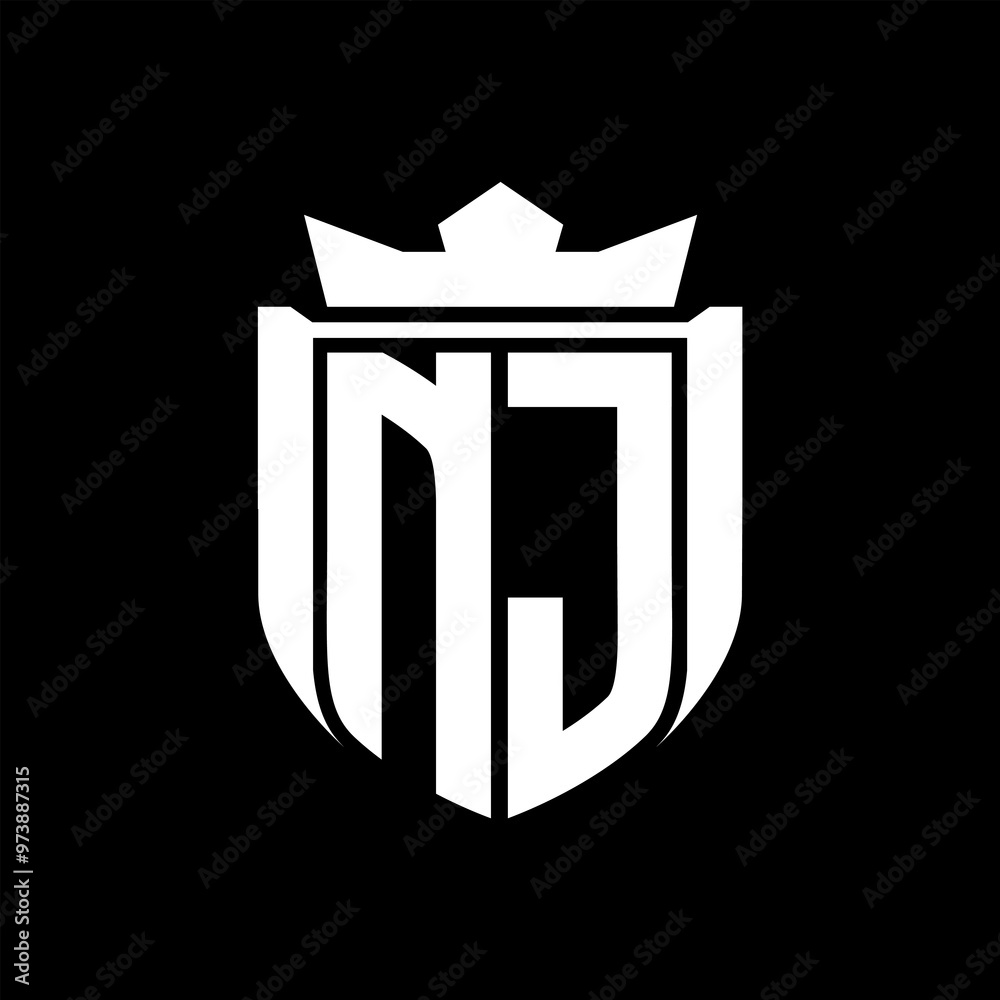 NJ Letter logo shield shape inside shield badge crown on black background template design NJ Letter logo shield shape inside shield badge crown on black background template design