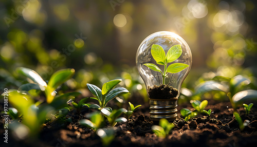Hand holding light bulb amidst greenery, representing renewable energy sources, Sustainable development, and environmental responsibility. Ecology concept